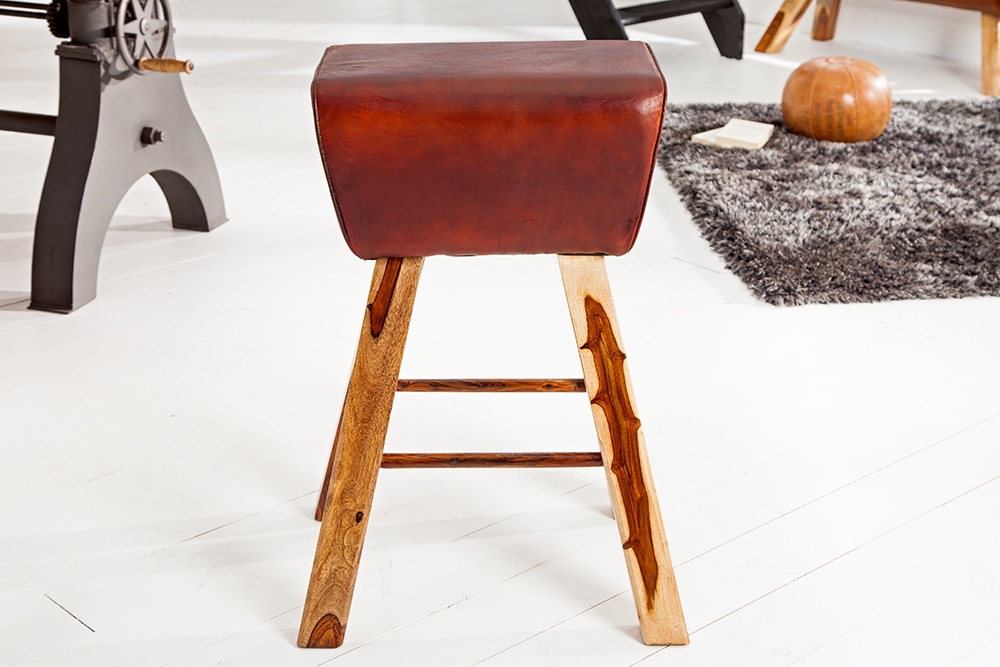 Retro Barhocker TURNBOCK 75cm mit Echtleder Bezug Mangoholz Barstuhl