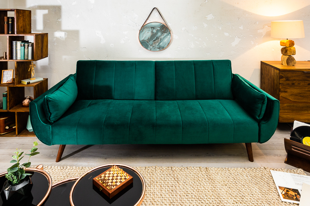 Retro Schlafsofa DIVANI 220cm smaragdgrün Samt 3-Sitzer mit Bettfunktion