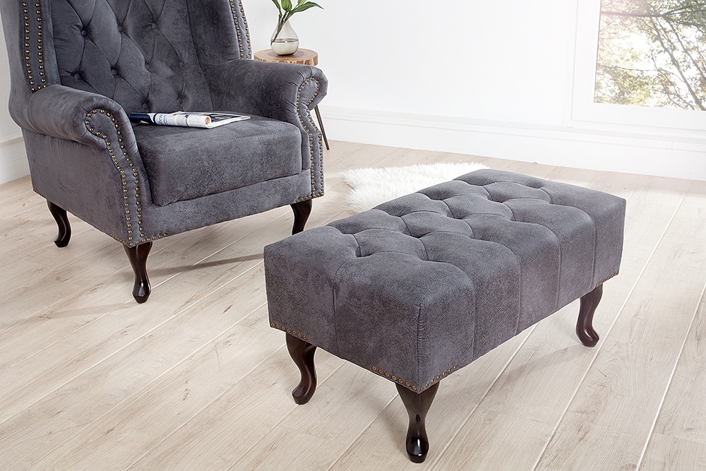 Edler Chesterfield Fußhocker antik grau Microfaser mit Knopfheftung und Nietenbesatz