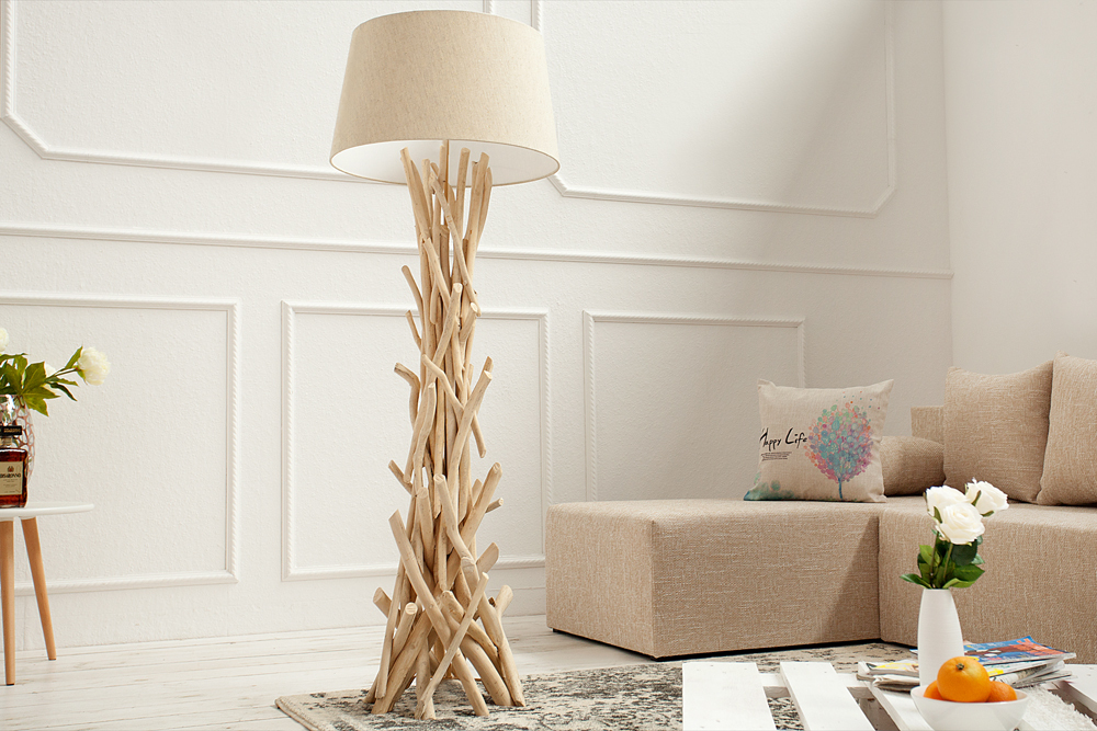 Handgefertigte Treibholz Stehlampe WILD NATURE 155cm sand mit Leinenschirm