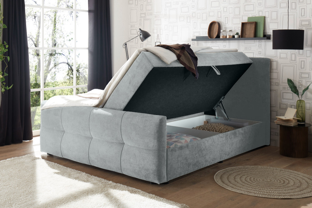 Modernes Boxspringbett TOULOUSE 160x200cm silbergrau inkl. Matratze Topper Stauraum
