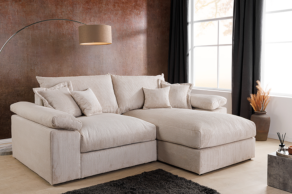 Design Ecksofa ATMOSPHERE XL 245cm champagner beige Cord Federkern inkl. Kissen