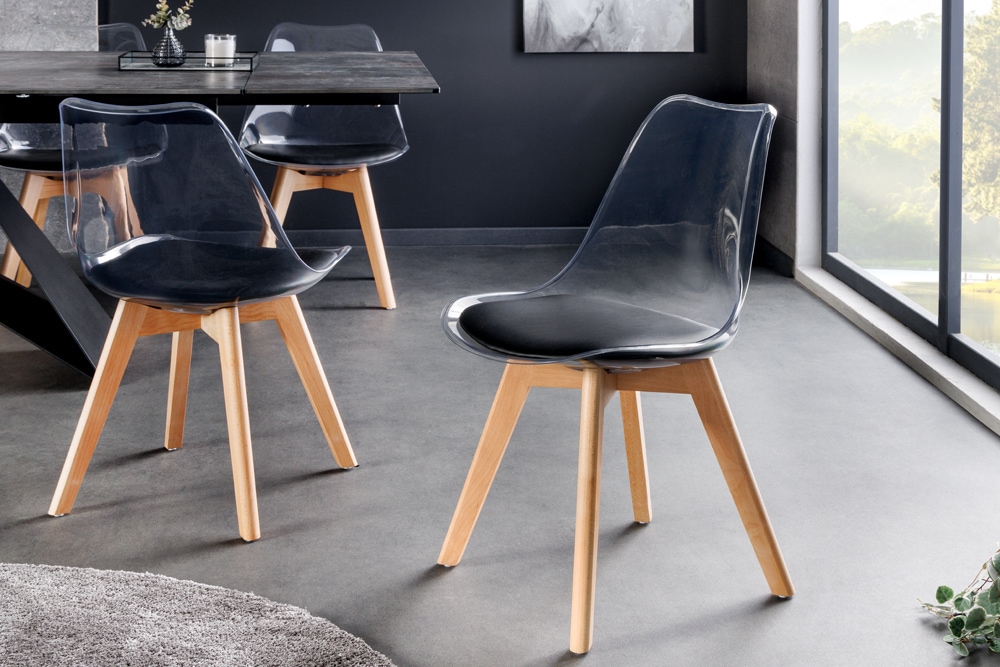Design Stuhl SCANDINAVIA MEISTERSTÜCK transparent schwarz Kunststoff Buchenholz natur