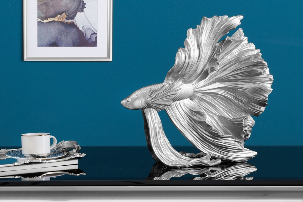 Design Deko Figur Kampffisch CROWNTAIL 35cm silber Betta Fisch Skulptur