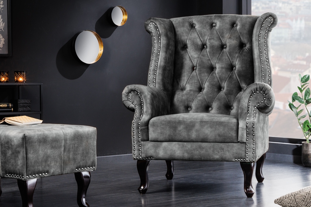 Design Ohrensessel CHESTERFIELD 105cm grau Samt silber Nieten