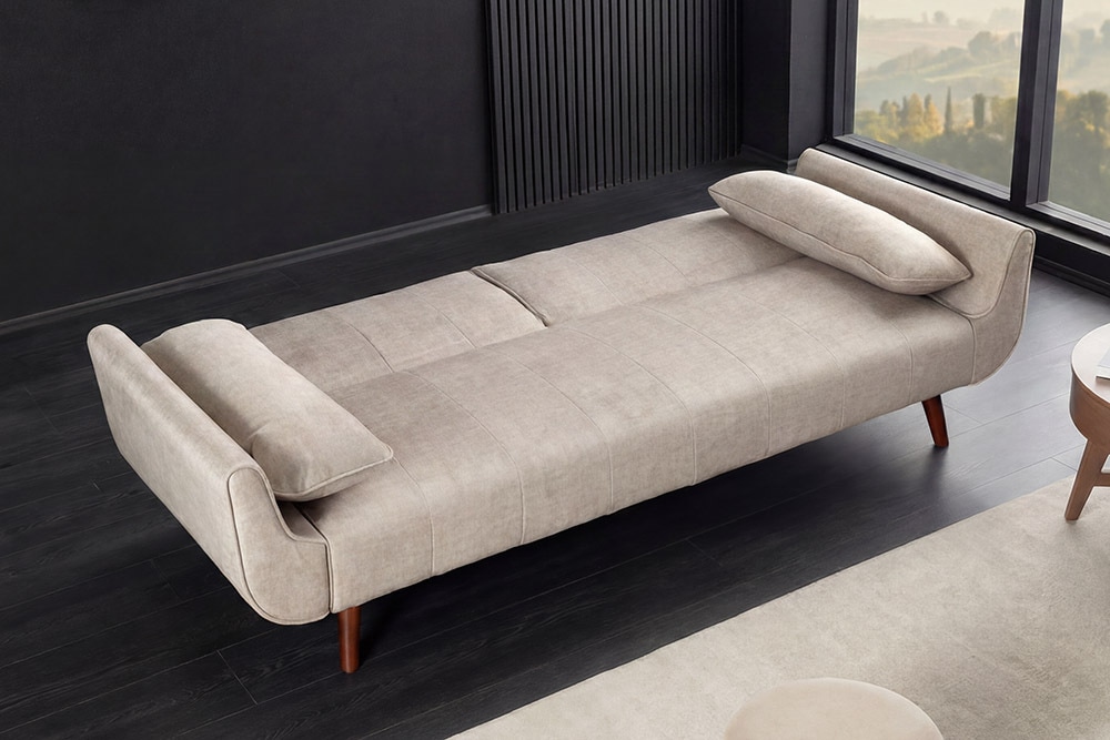 Design Schlafsofa DIVANI 220cm champagner beige Samt 3-Sitzer mit Bettfunktion Walnuss-Füße