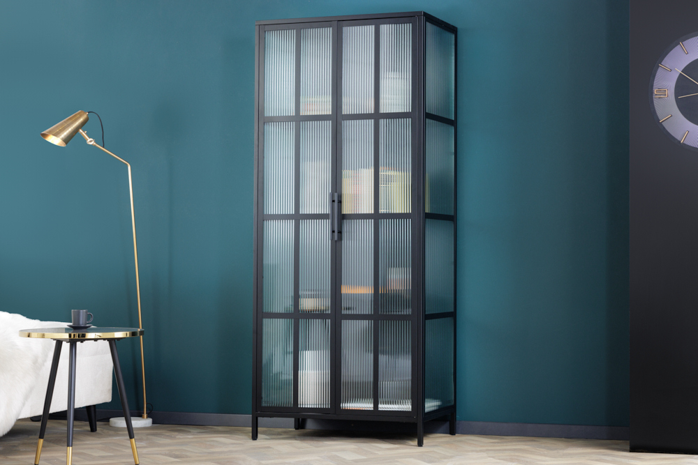 Industrial Vitrine DURA STEEL 180cm schwarz Metall Riffelglas Highboard Industrial Vitrine DURA STEEL 180cm schwarz Metall Riffelglas Highboard