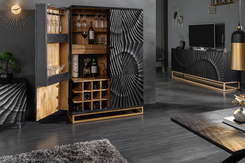 Massiver Nachttisch SCORPION 50cm schwarz Mangoholz Beistelltisch mit 3D Schnitzereien