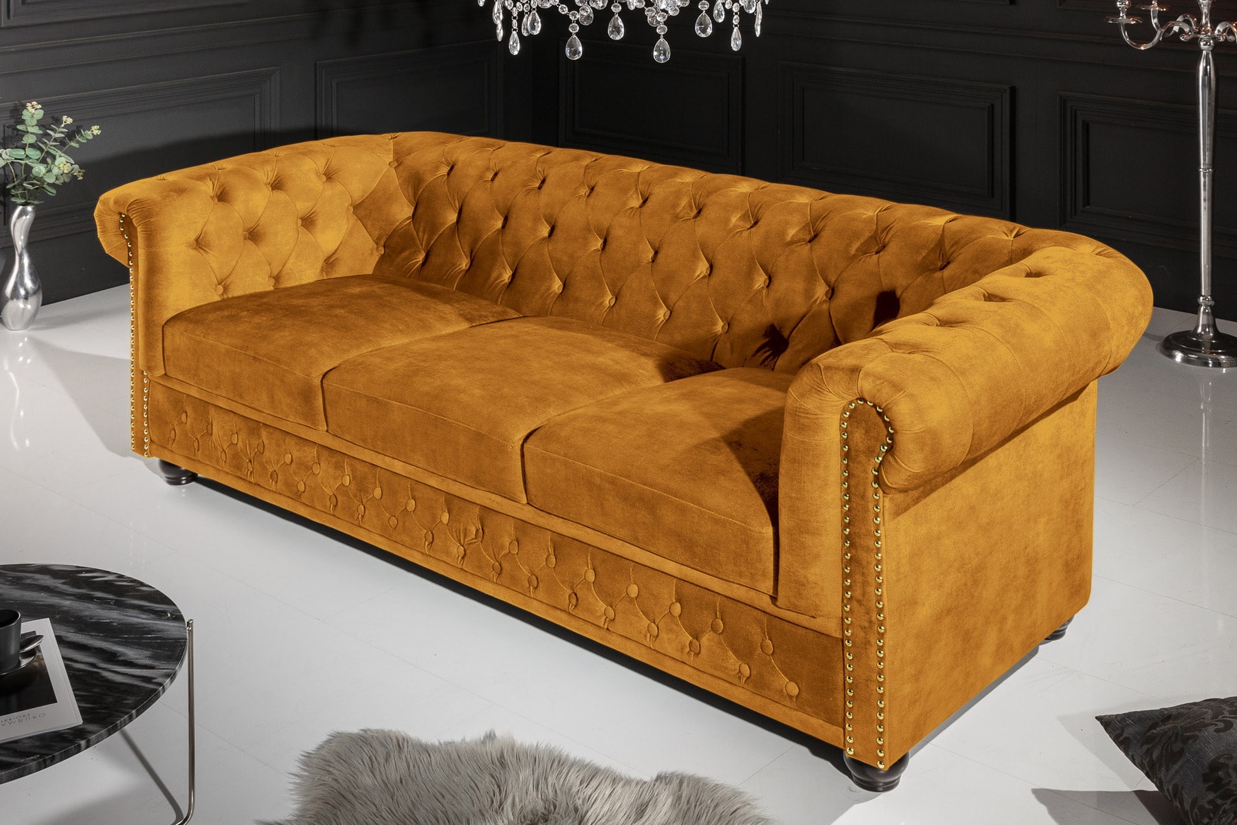 Barock Sofa CHESTERFIELD 205cm senfgelb Samt Federkern Knopfheftung 3-Sitzer Couch