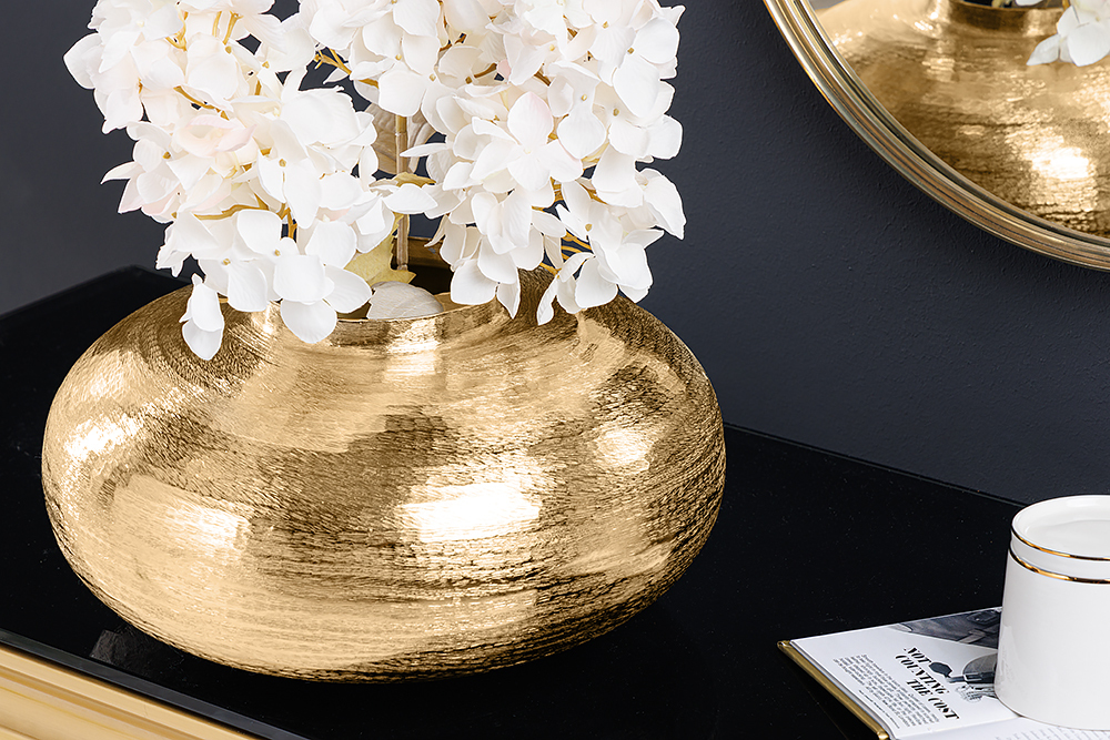 Moderne Deko Vase ABSTRACT ORIENT 35cm gold rund Metall Hammerschlag-Design