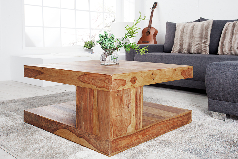 Design Couchtisch GIANT 80cm braun Sheesham Massivholz stone finish mit Ablage
