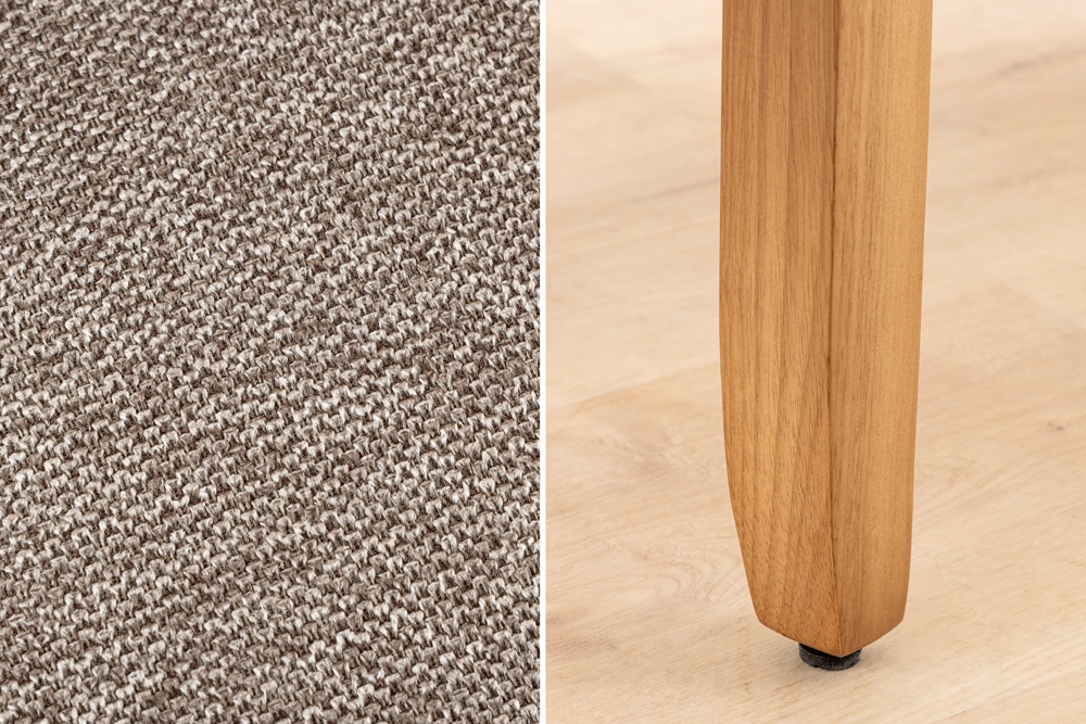 Design Stuhl CASA taupe Strukturstoff Massivholzbeine mit Zierknöpfen und Nackenrolle