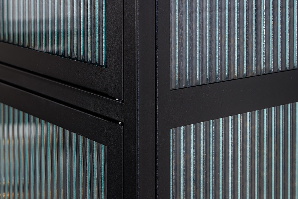 Moderne Vitrine AMSTERDAM 180cm schwarz gold Riffelglas Metall Highboard Schrank