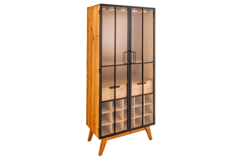 Massive Vitrine SEVEN SEAS 150cm natur Pinie Industrial-Türen Metall Barschrank