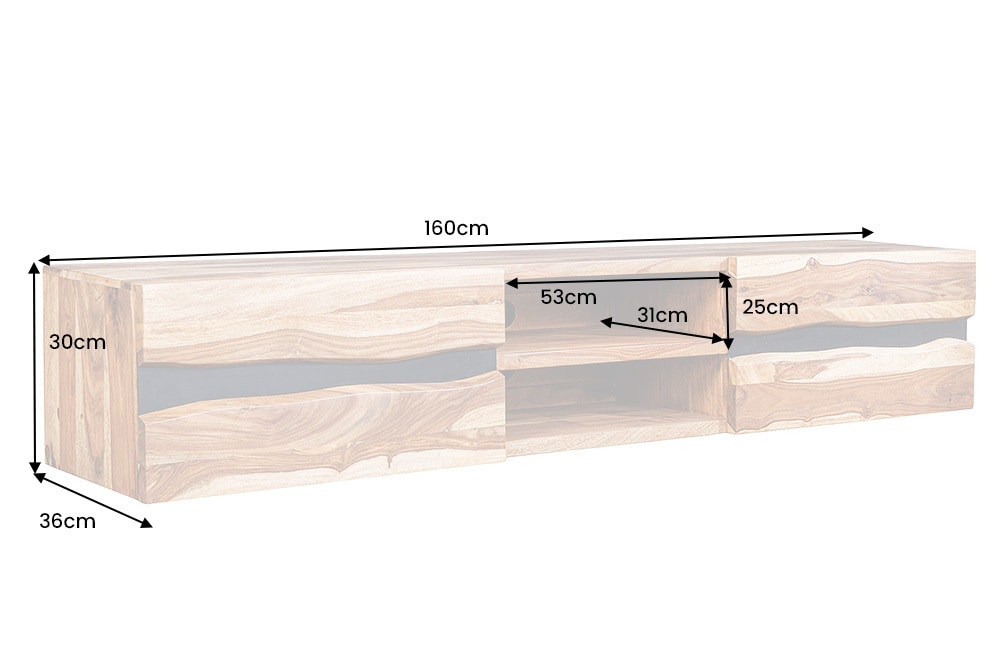 Hängendes TV-Lowboard AMAZONAS 160cm braun Sheesham Massivholz Baumkante Metall schwarz