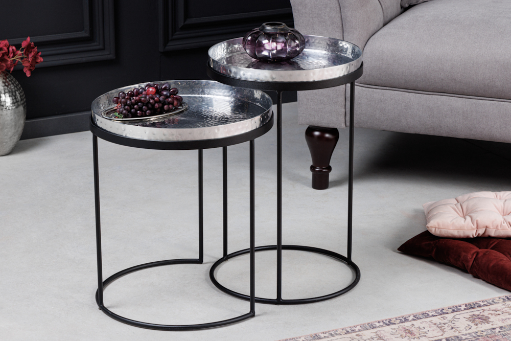 Design 2er Set Beistelltisch ELEMENTS 55cm silber Hammerschlag handmade rund