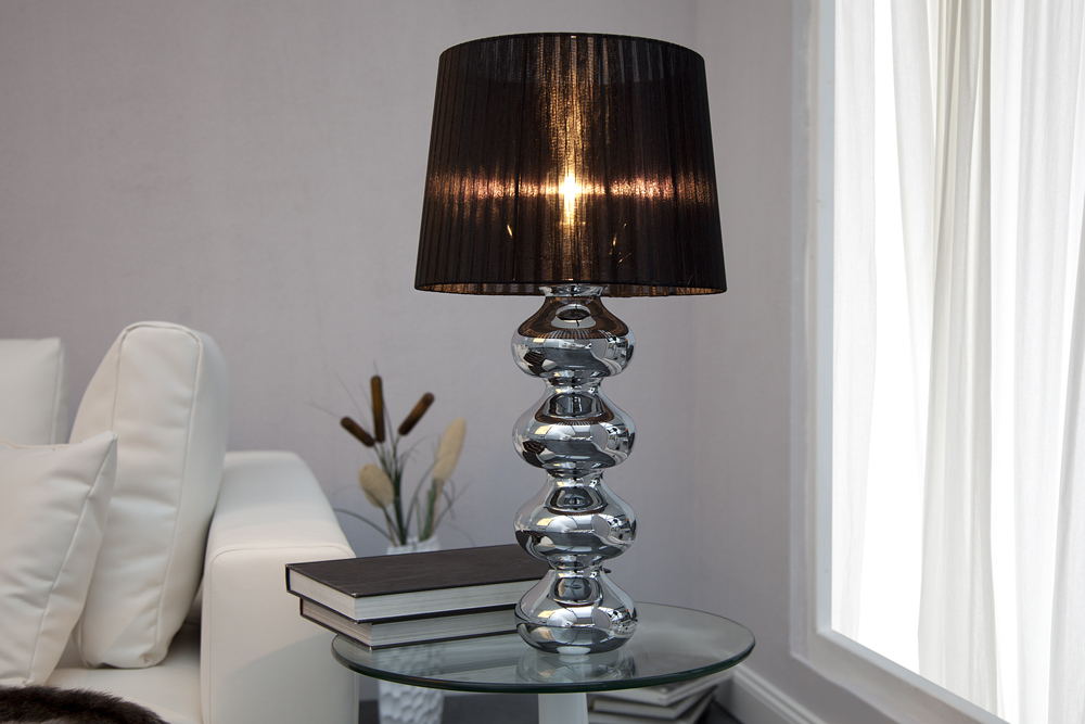 Elegante Design Tischlampe MIA 60cm silber Tischleuchte Stoffschirm Elegante Design Tischlampe MIA 60cm silber Tischleuchte Stoffschirm