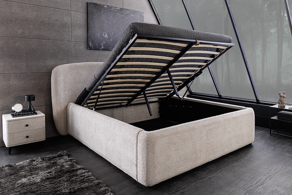 Modernes Boxbett ART DECO 180x200cm greige Bouclé mit Stauraum und Lattenrost
