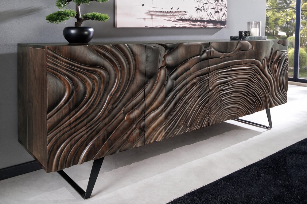 Massives Sideboard FLUID 175cm braun Mangoholz 3D-Design Kufengestell