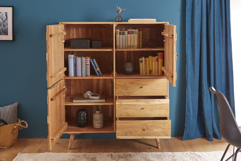 Massivholz Highboard MYSTIC LIVING 140cm Akazie natur 3D-Oberfläche