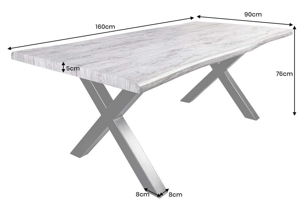 Industrial Esstisch WILD 160cm grau gekälkt Wildeiche-Design Baumkante schwarz  X-Gestell