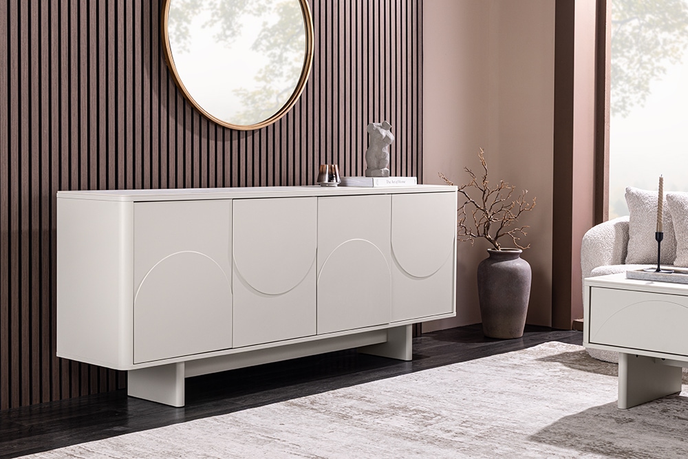 Design Sideboard SAVOY 180cm kaschmir weiß Marmor Keramik mit Stauraum und 3D-Front