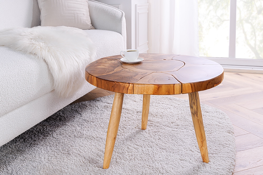 Runder Massivholz Couchtisch MOSAIK 60cm natur Teak Baumstamm handmade