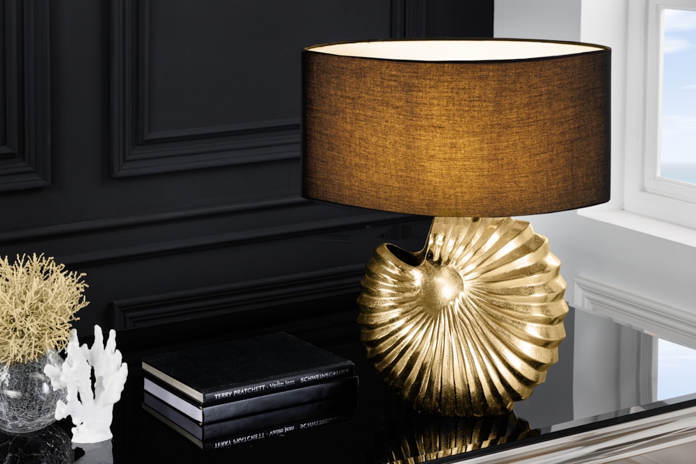 Design Tischlampe SHELL 60cm gold schwarz Metall Stoffschirm maritim