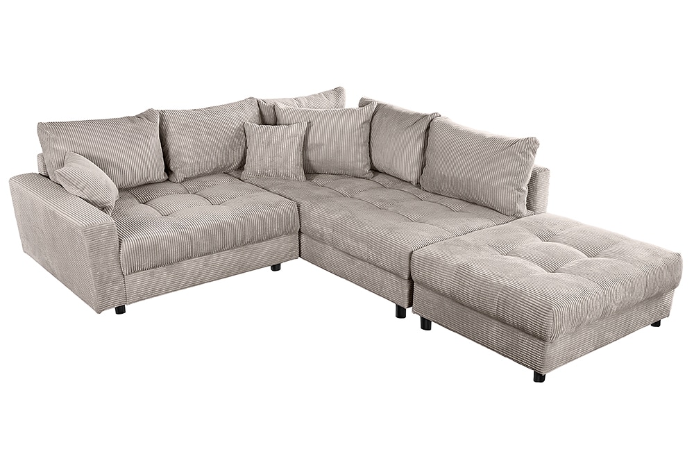 Modernes Ecksofa KENT 220cm greige Cord inkl. Hocker Federkern L-Form Wohnlandschaft