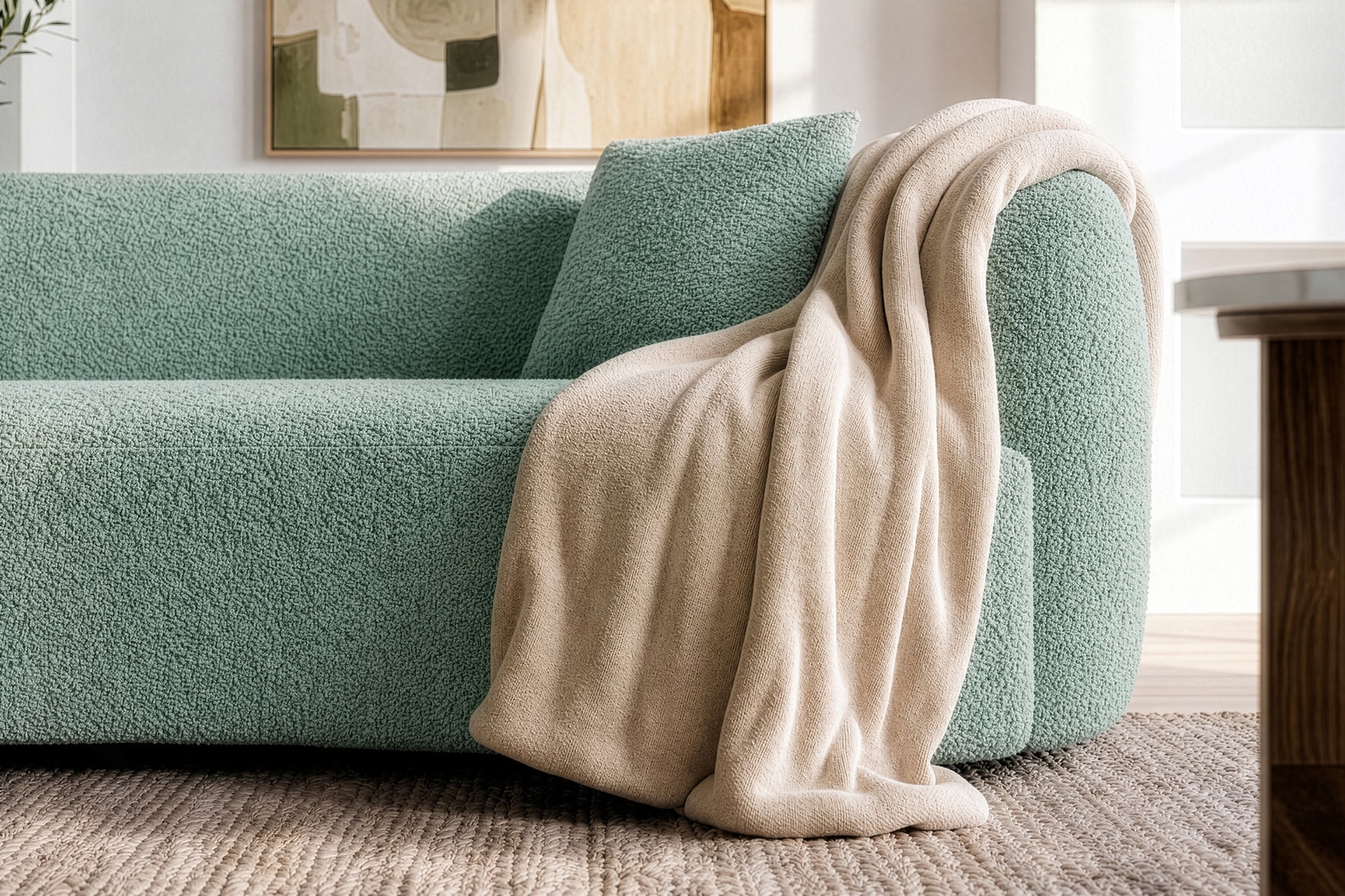 Organisches Sofa ATELIER 230cm salbei Bouclé 3-Sitzer Couch inkl. Kissen