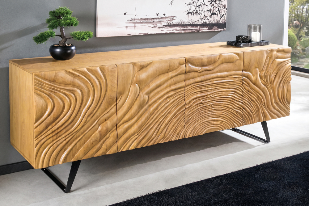 Massives Sideboard FLUID 175cm creme Mangoholz 3D-Design Kufengestell