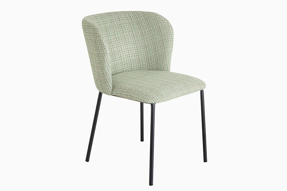Design Stuhl LYON grün-rosa kariert Bouclé schwarze Metallbeine