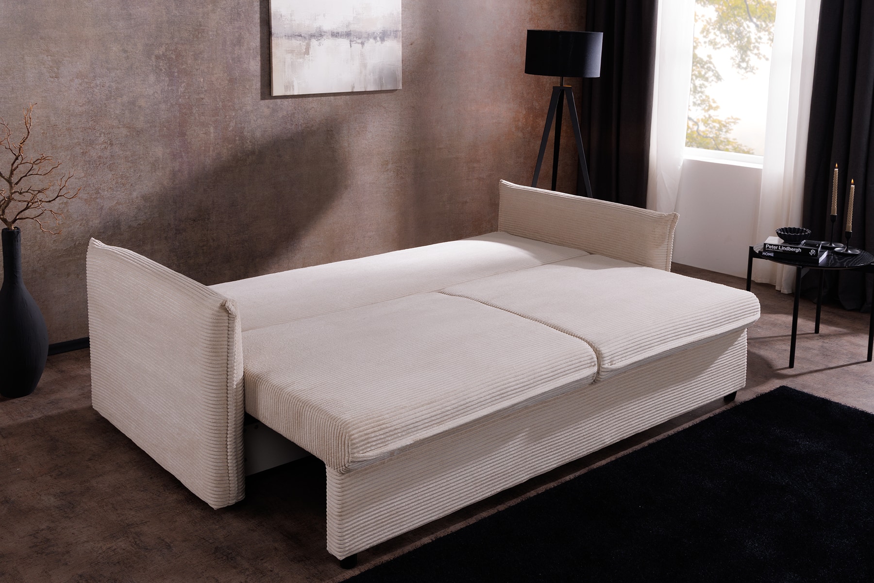 XXL Sofa mit Schlaffunktion APARTMENT beige Cord inkl. Bettkasten und Kissen