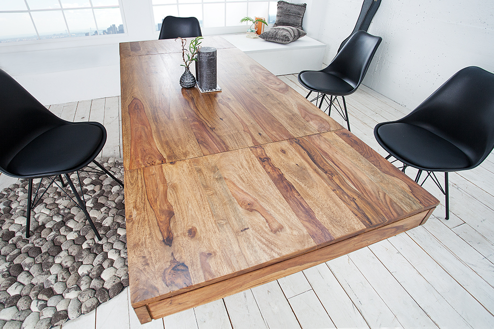Massiver Holz Esstisch PURE 120-200cm braun Sheesham stone finish mit Ansteckplatten