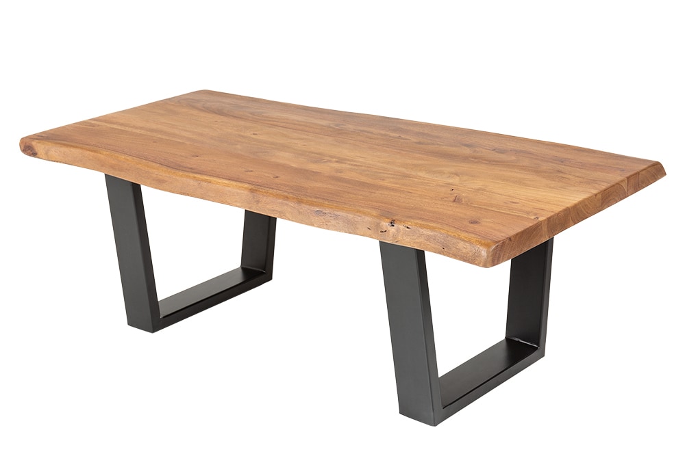 Massivholz Baumstamm Couchtisch MAMMUT 110cm Akazie schwarzes Metallgestell 3,5cm Tischplatte