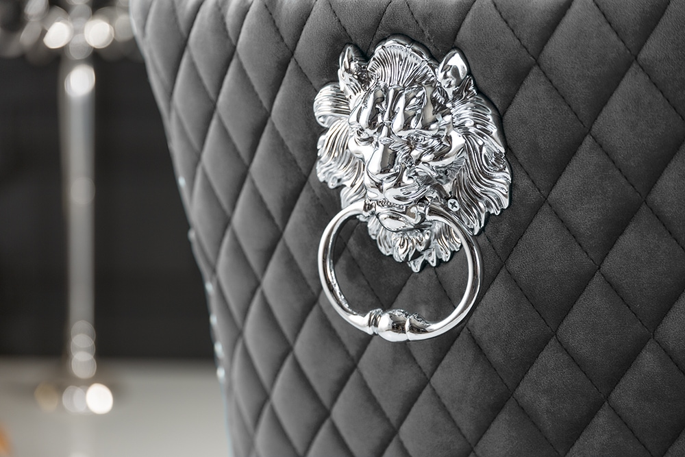 Eleganter Stuhl CASTLE DELUXE grau Samt Löwenkopf Chesterfield Design Esszimmerstuhl Nieten