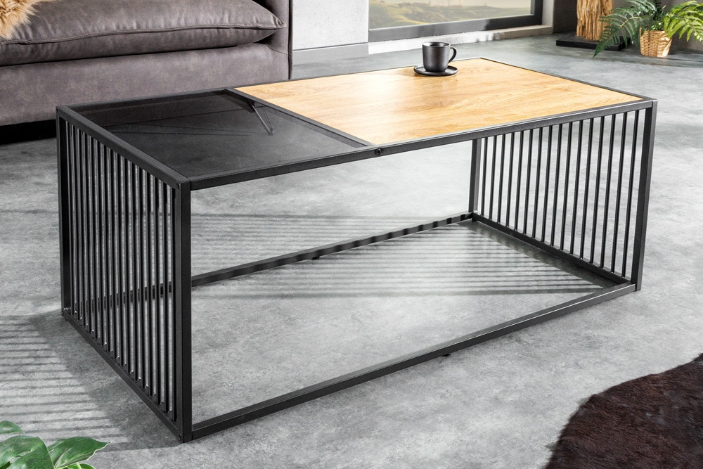 Design Couchtisch ARCHITECTURE 100cm schwarz Wildeiche Rauchglas Metall Holz