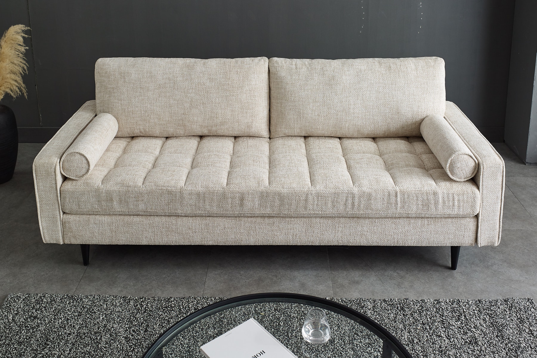 Design Sofa COZY VELVET 220cm beige Chenille Federkern 3-Sitzer mit goldener Kappe