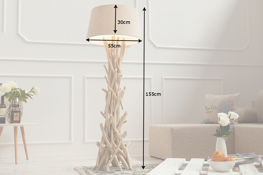 Handgefertigte Treibholz Stehlampe WILD NATURE 155cm sand mit Leinenschirm