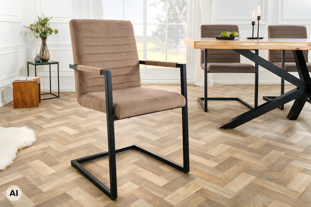 Industrial Freischwinger LOFT taupe Cord schwarz Eisen mit Armlehne