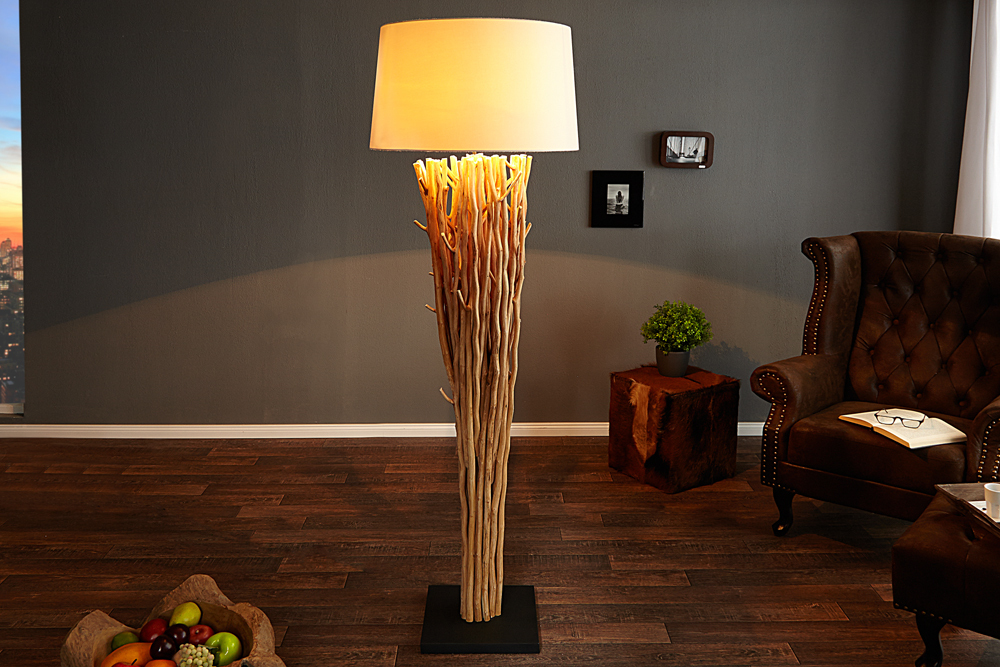 Design Treibholz Stehlampe EUPHORIA 180cm natur mit Leinenschirm