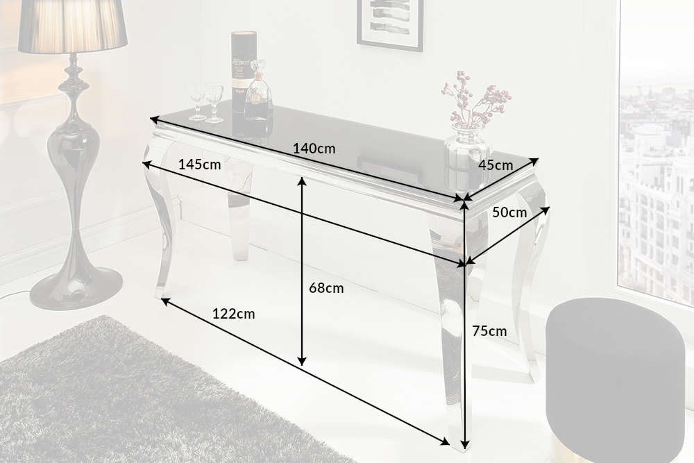 Eleganter Konsolentisch MODERN BAROCK 145cm schwarz Opalglas Edelstahlbeine