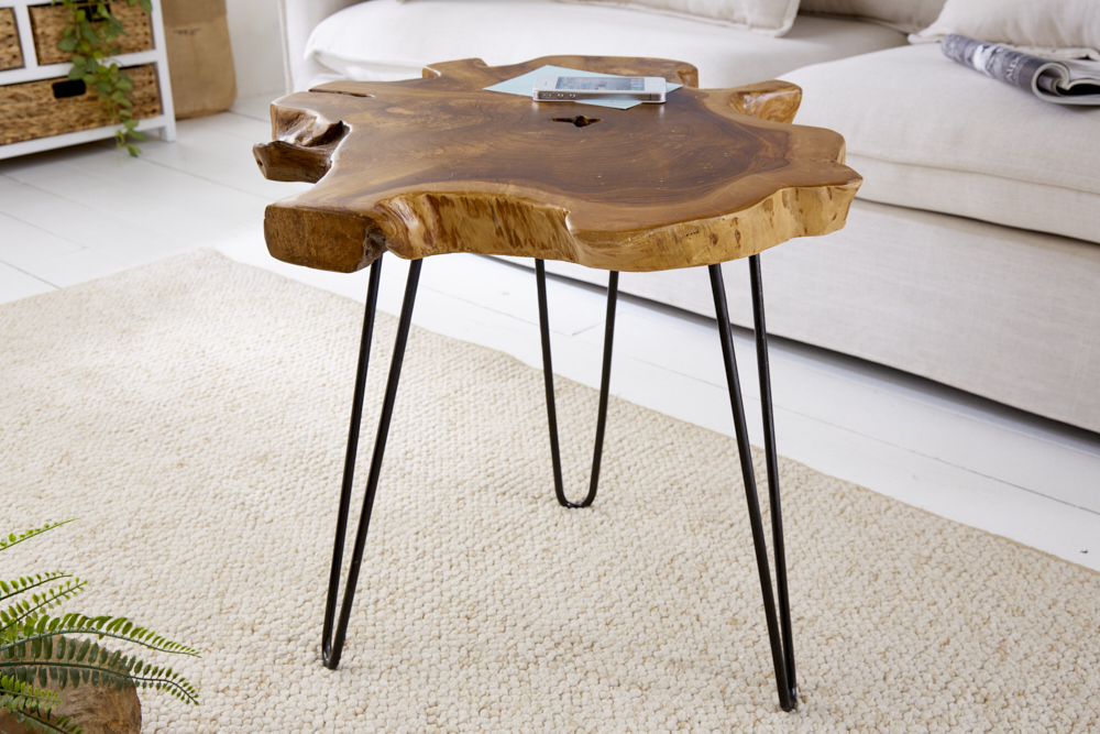 Einzigartiger Beistelltisch WILD 50cm Teak Massivholz Baumscheibe Metallbeine schwarz