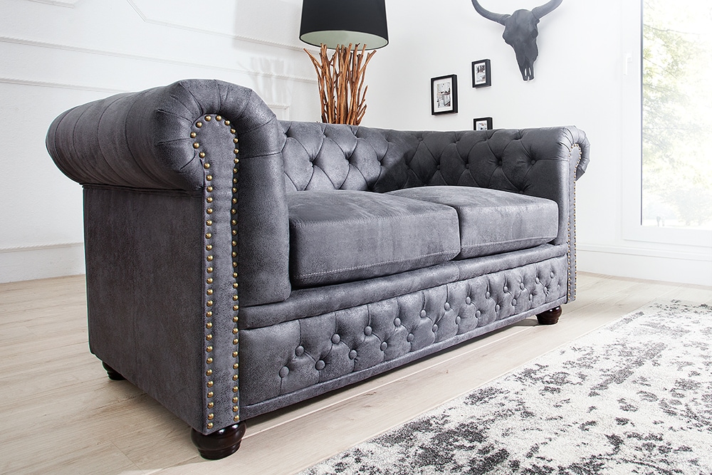 Chesterfield 2-Sitzer Sofa 150cm antik grau Microfaser Federkern Knopfheftung
