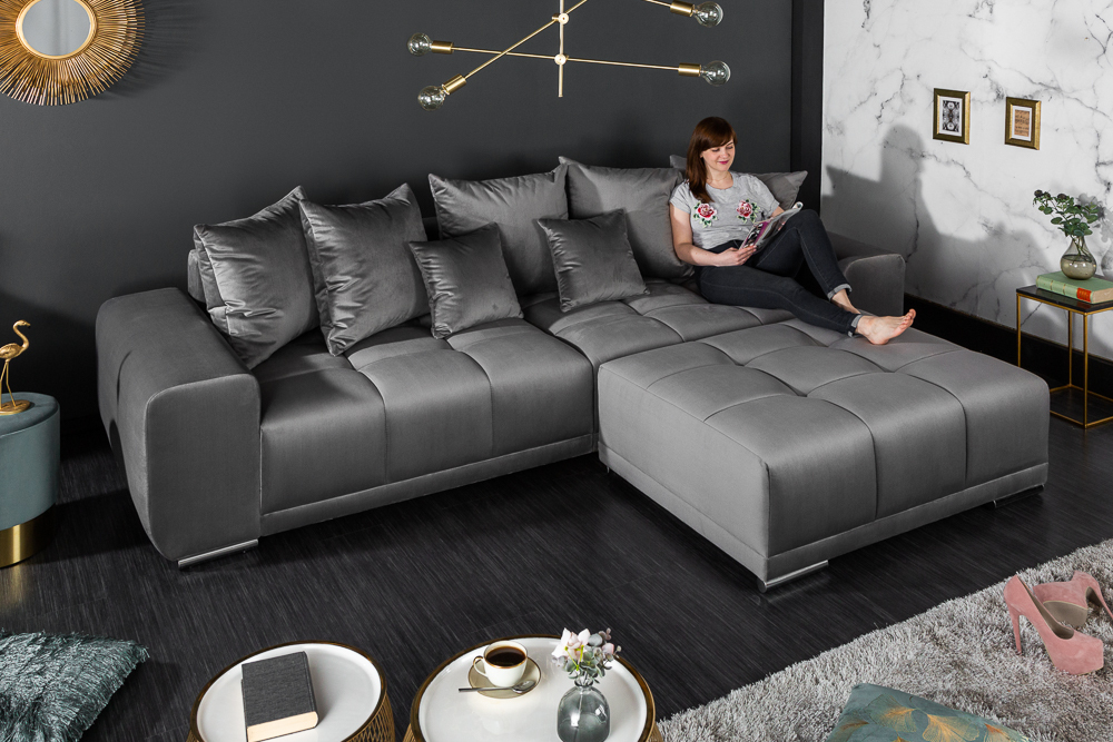 Big Sofa ELEGANCIA 285cm silbergrau Samt XXL Couch inkl. Kissen Federkern