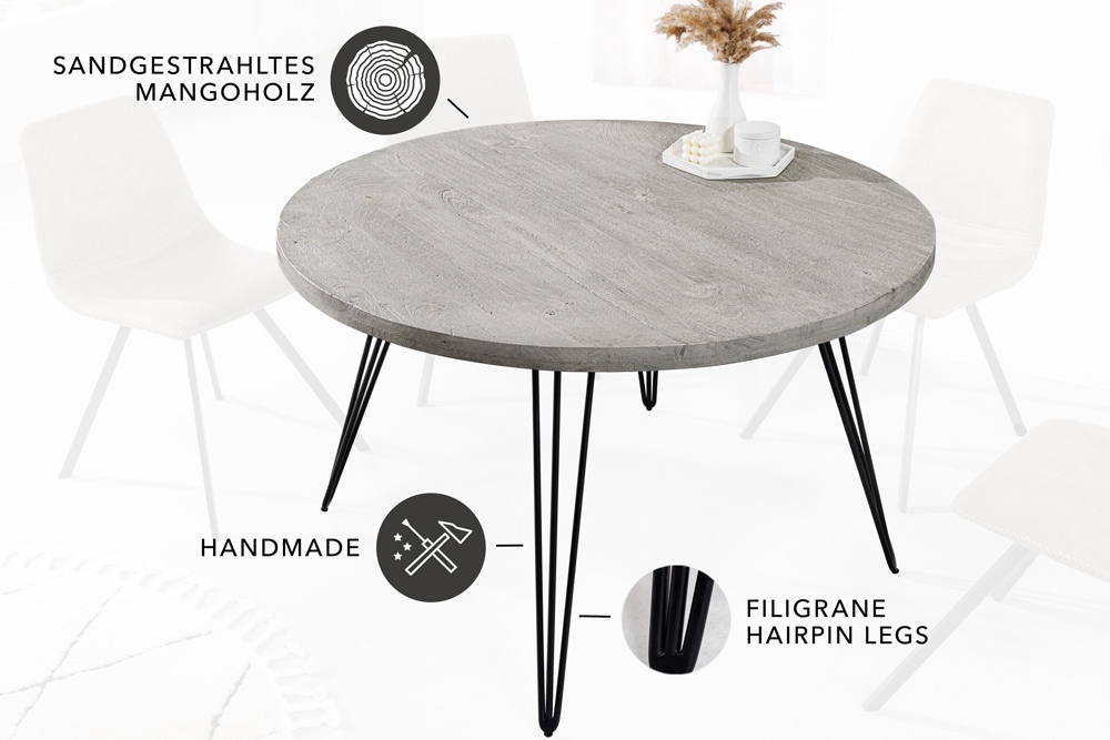 Runder Esstisch SCORPION 80cm grau Mangoholz massiv schwarze Metallbeine Hairpin Legs