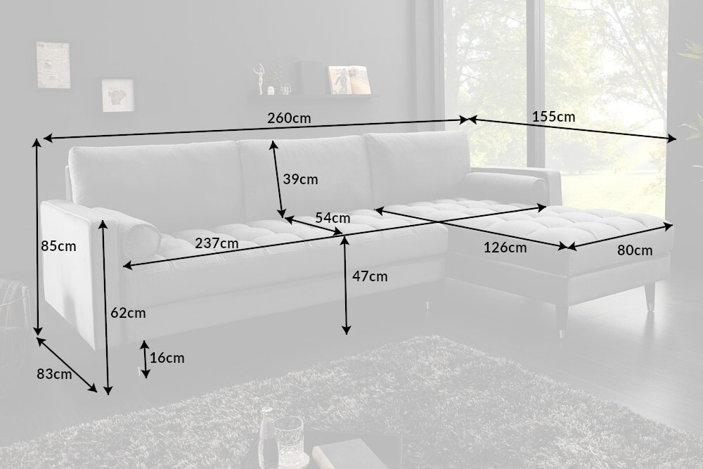Elegantes Ecksofa COZY VELVET 260cm grau Samt Federkern 3-Sitzer