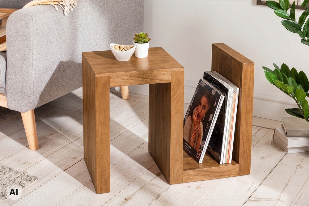 Handgearbeiteter Beistelltisch S 60cm braun honey finish Mangoholz mit Ablage variabel stellbar