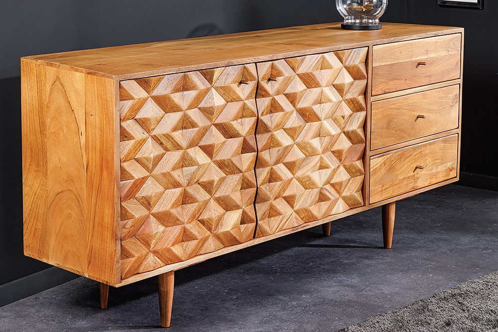 Massivholz Sideboard ALPINE 145cm Akazie honey finish Kommode mit Schubladen Retro Design