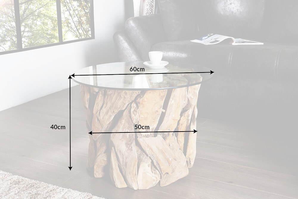 Handgearbeiteter Couchtisch RIVERSIDE 60cm Teakholz runde Glasplatte Massivholz